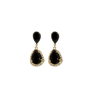 Milan Black Crystal Teardrop Earring, Gold Metal 4cm long