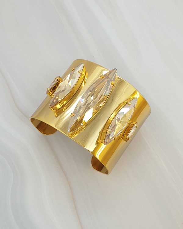 Parisian Clear Marquise Crystal Cuff Bracelet Grande, Gold Metal 5cm Wide, Adjustable - Image 8