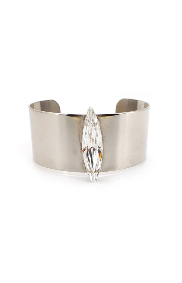 Parisian Clear Marquise Crystal Cuff Bracelet, Rhodium Metal 3.5cm Wide, Adjustable