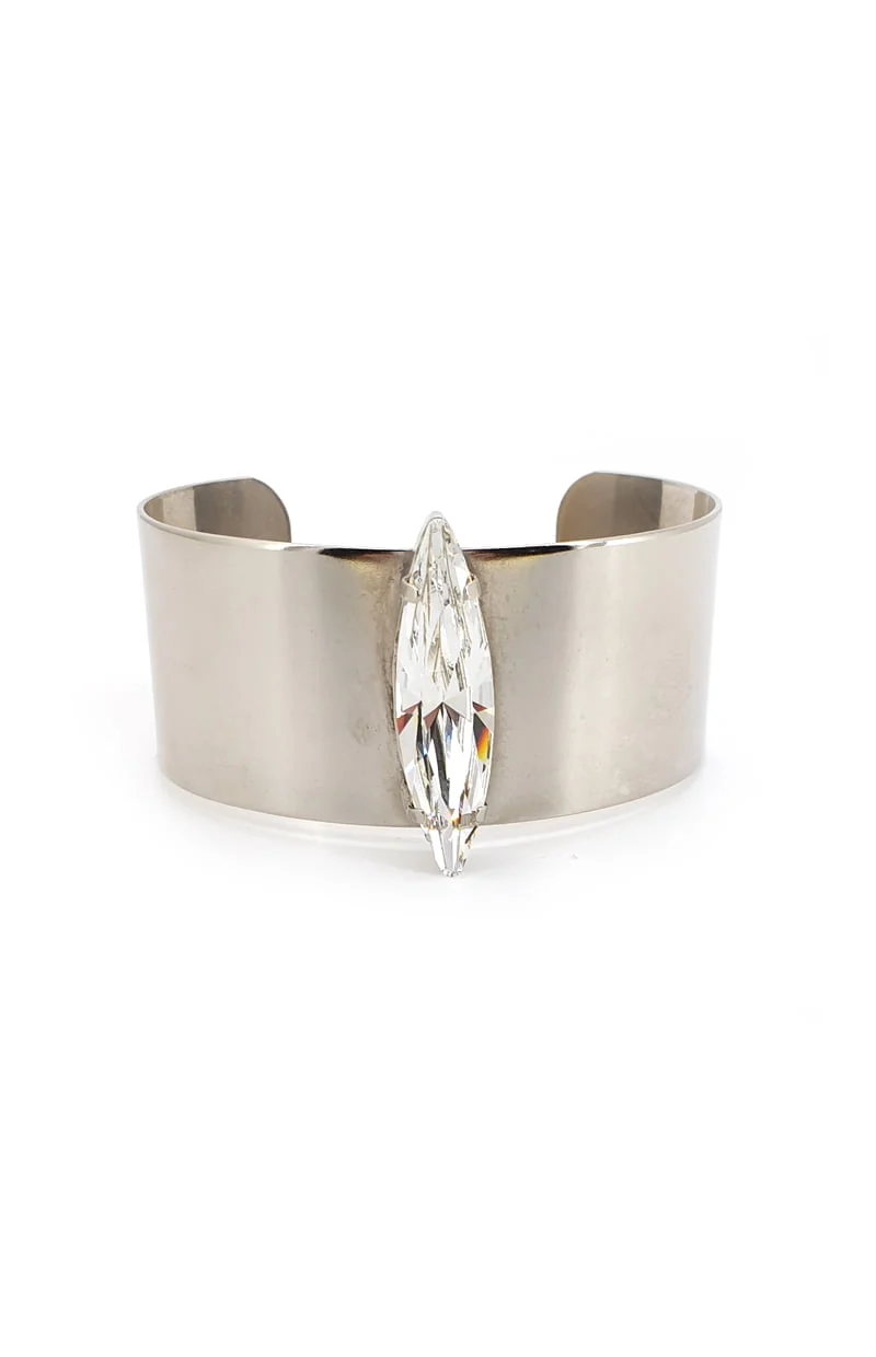 Parisian Clear Marquise Crystal Cuff Bracelet, Rhodium Metal 3.5cm Wide, Adjustable
