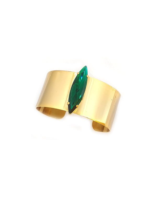 Parisian Green Crystal Cuff Bracelet, Gold Metal 3.5cm Wide, Adjustable - Image 4
