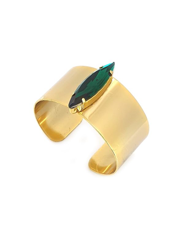 Parisian Green Crystal Cuff Bracelet, Gold Metal 3.5cm Wide, Adjustable