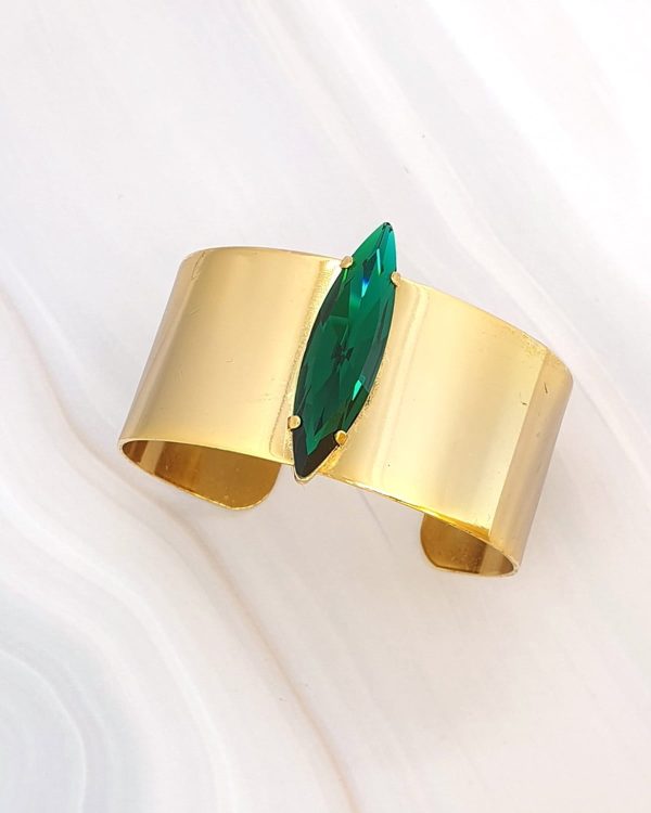 Parisian Green Crystal Cuff Bracelet, Gold Metal 3.5cm Wide, Adjustable - Image 3