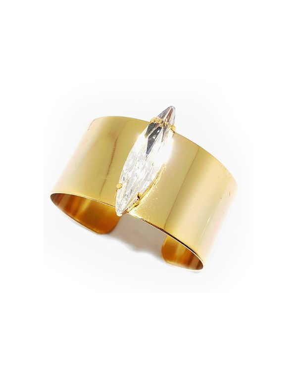 Parisian Clear Crystal Cuff Bracelet, Gold Metal 3.5cm Wide, Adjustable - Image 3