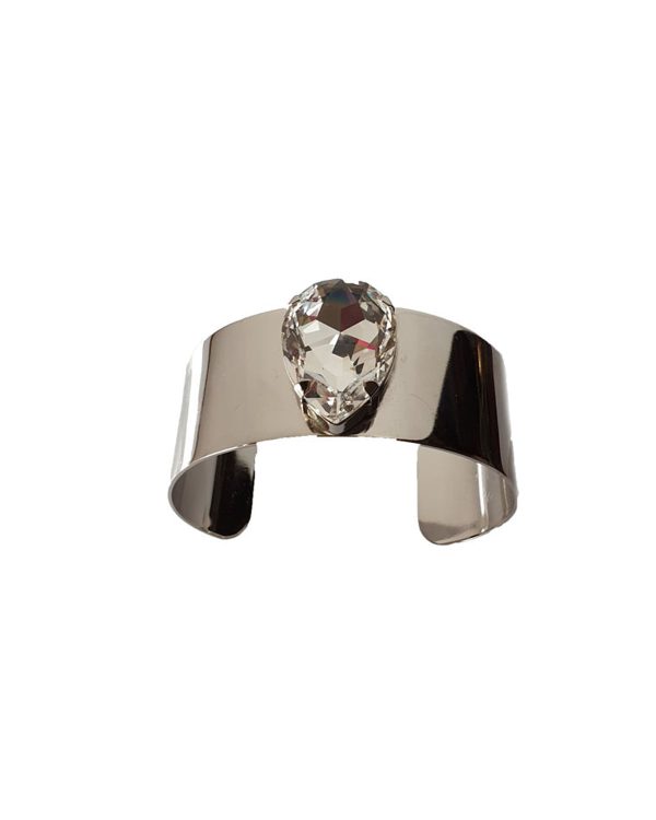 Manhattan Clear Teardrop Crystal Cuff Bracelet, Rhodium Metal 3.5cm Wide Adjustable
