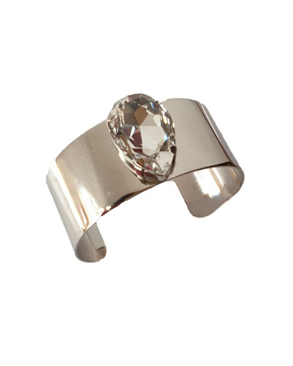 Manhattan Clear Teardrop Crystal Cuff Bracelet, Rhodium Metal 3.5cm Wide Adjustable - Image 3