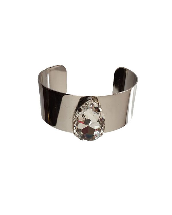 Manhattan Clear Teardrop Crystal Cuff Bracelet, Rhodium Metal 3.5cm Wide Adjustable - Image 4