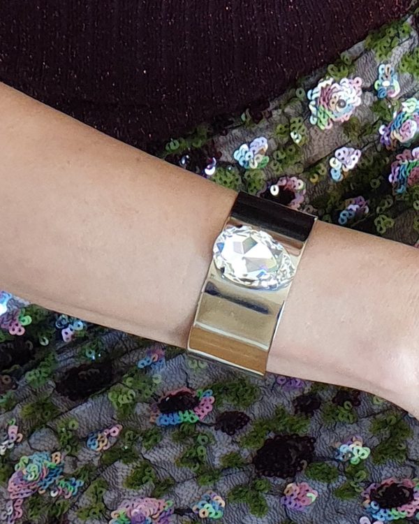 Manhattan Clear Teardrop Crystal Cuff Bracelet, Rhodium Metal 3.5cm Wide Adjustable - Image 2