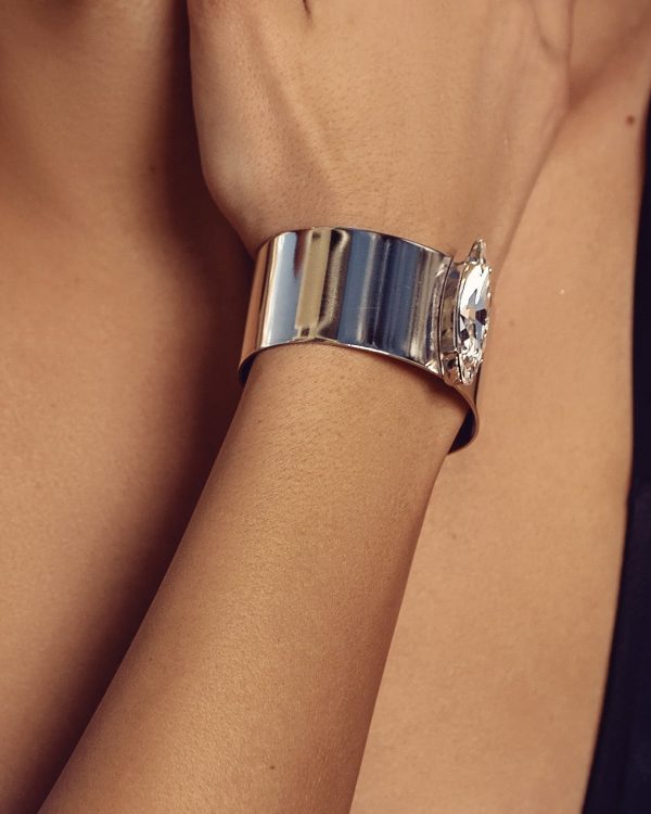 Parisian Clear Crystal Cuff Bracelet, Gold Metal 3.5cm Wide, Adjustable - Image 4