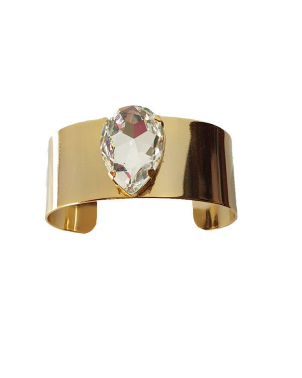 Manhattan Clear Crystal Teardrop Cuff Bracelet, Gold Metal 3.5cm Wide Adjustable