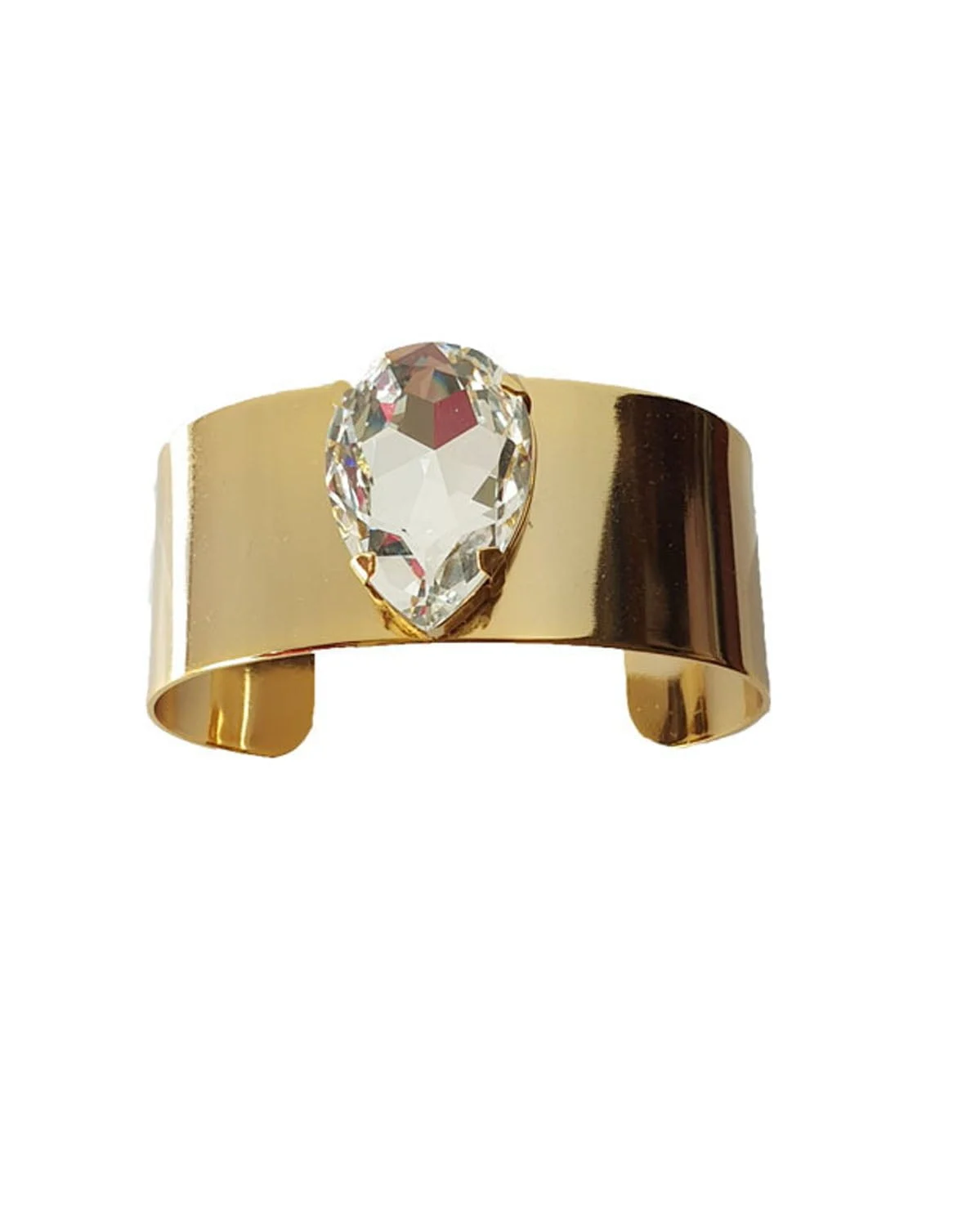 Manhattan Clear Crystal Teardrop Cuff Bracelet, Gold Metal 3.5cm Wide Adjustable