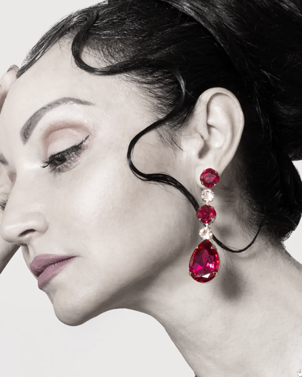 Astor Chiffon Magenta Pink Clear Long Chandelier Earrings, handmade by Redki Couture Jewellery