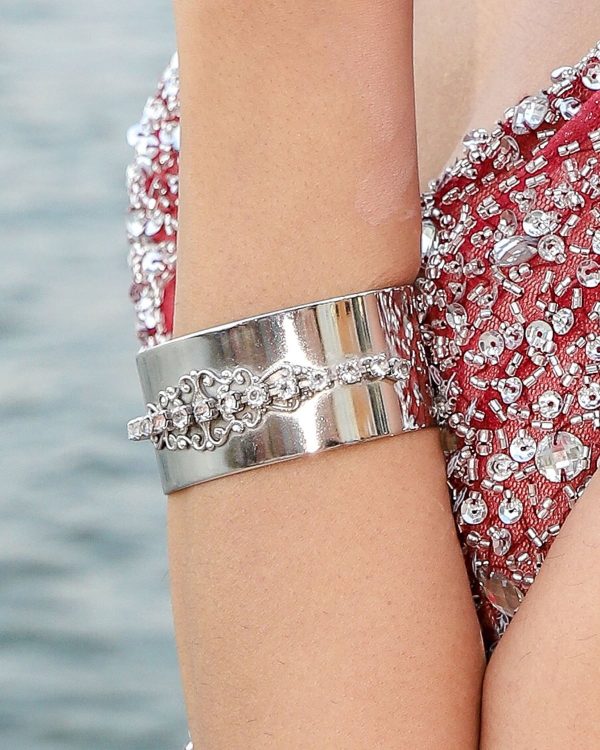 Nightfall Clear Crystal Filigree Cuff Bracelet, Rhodium Metal 3.5cm Wide Adjustable - Image 5