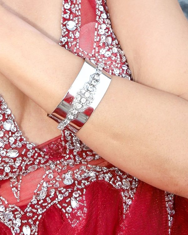 Nightfall Clear Crystal Filigree Cuff Bracelet, Rhodium Metal 3.5cm Wide Adjustable - Image 2