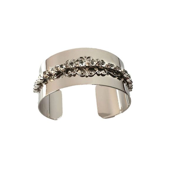 Nightfall Clear Crystal Filigree Cuff Bracelet, Rhodium Metal 3.5cm Wide Adjustable