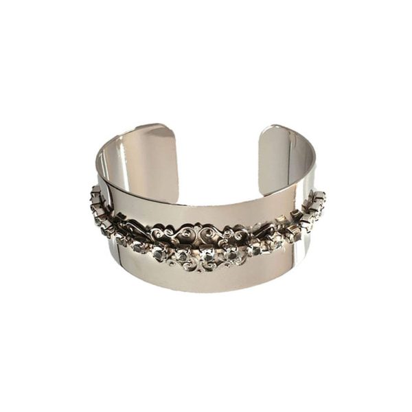 Nightfall Clear Crystal Filigree Cuff Bracelet, Rhodium Metal 3.5cm Wide Adjustable - Image 3