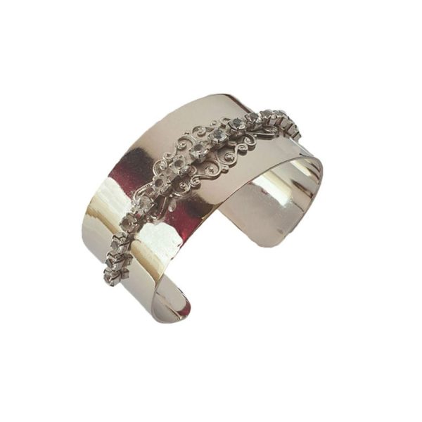 Nightfall Clear Crystal Filigree Cuff Bracelet, Rhodium Metal 3.5cm Wide Adjustable - Image 4
