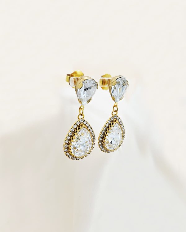 Milan Clear Crystal Teardrop Bridal Earrings, 4cm Long, Gold Metal - Image 3