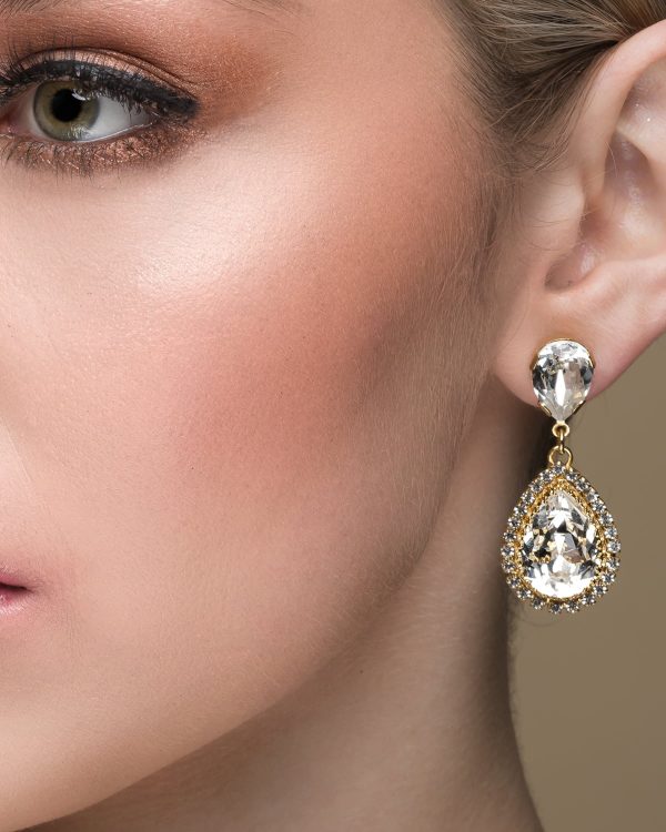 Milan Clear Gold Crystal Teardrop Bridal Earrings, 4cm Long, Gold Metal - Image 2
