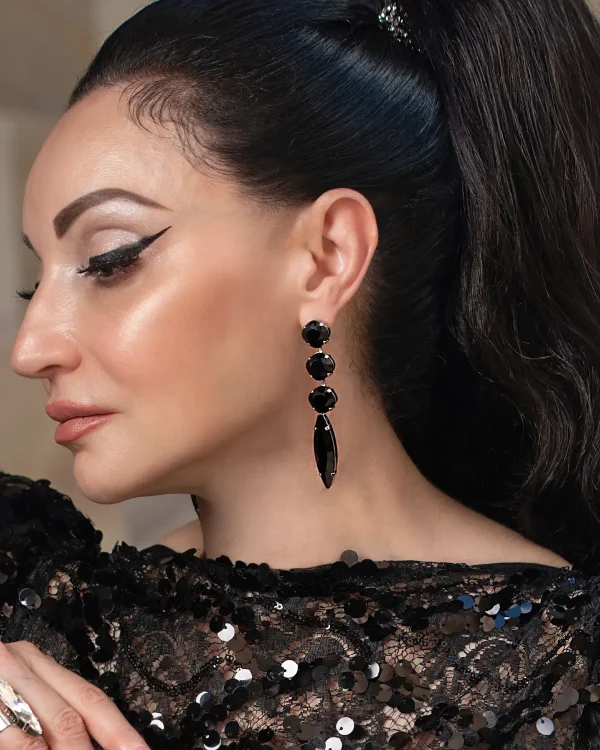 Chelsea Black Crystal Marquise Chandelier Earrings Rhodium Metal, 8cm Long - Image 4