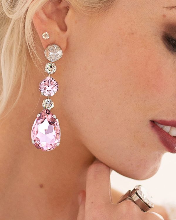 Astor Pink Crystal Teardrop Chandelier Earrings Rhodium Metal, 8cm Long - Image 2