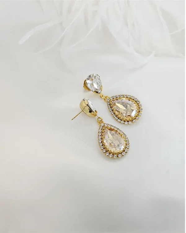 Milan Clear Gold Crystal Teardrop Bridal Earrings, 4cm Long, Gold Metal - Image 6