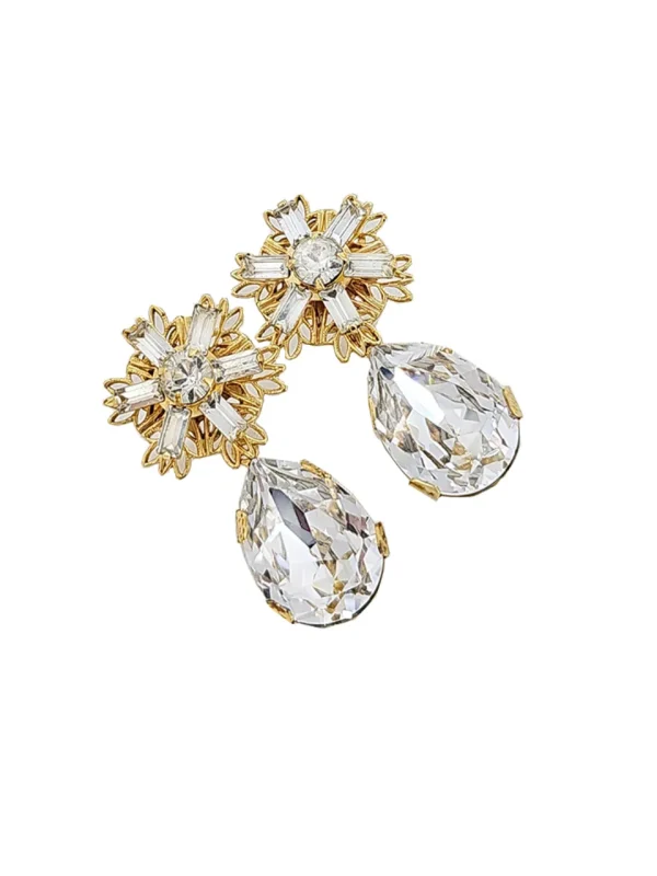 Lace Dreams Clear Crystal Teardrop Bridal Earring, Gold Metal 4cm long