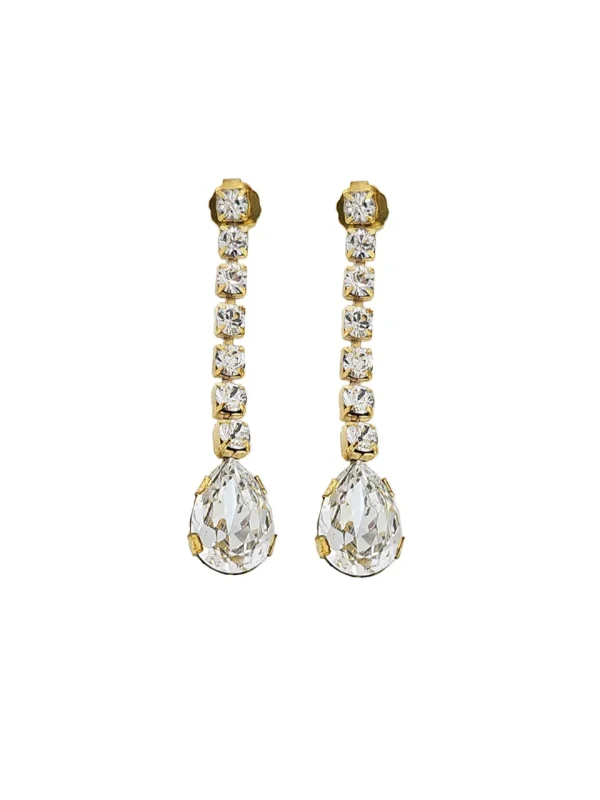 Hold Me Tight Clear Crystal Teardrop Studs, Rhodium Metal 6.5cm long