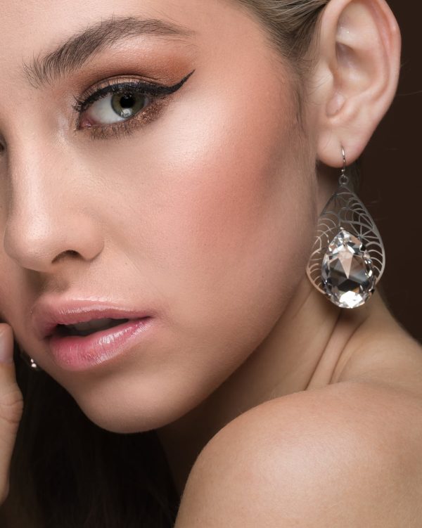 Cleo Clear Crystal Teardrop Earrings, Filigree Rhodium Metal 5cm long - Image 2