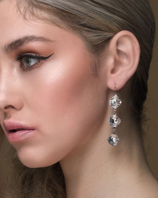 Remi Long Clear Earrings, Diamond shape silver metal 6cm earrings - Image 2