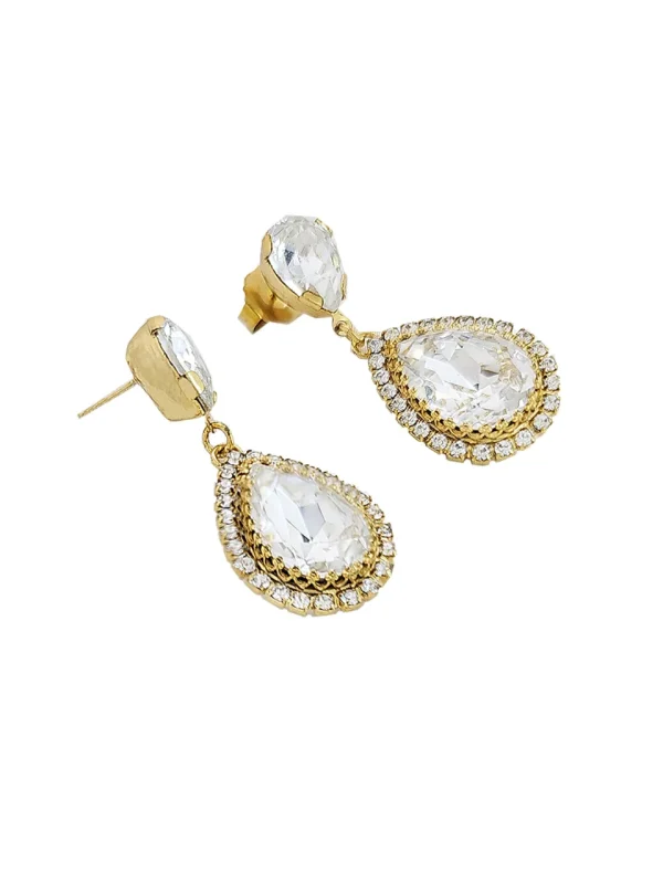 Milan Clear Crystal Teardrop Earring, Gold Metal, 4cm long