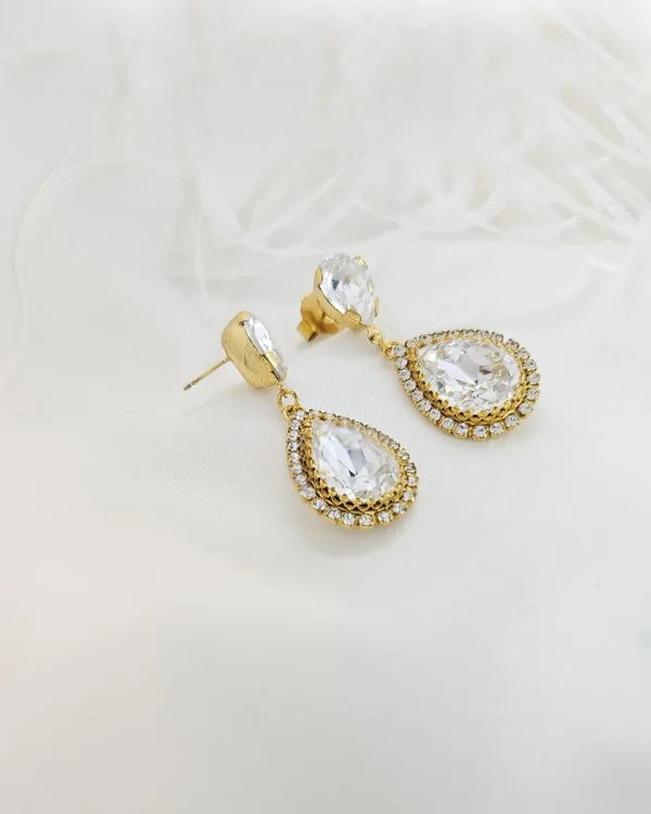 Milan Clear Crystal Teardrop Earring, Gold Metal, 4cm long - Image 2
