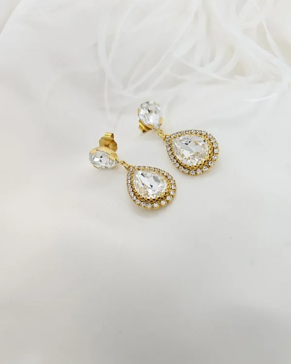 Milan Clear Crystal Teardrop Earring, Gold Metal, 4cm long - Image 3