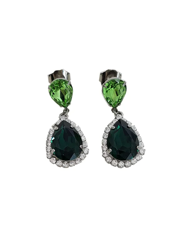 Milan Green Crystal Teardrop Earring, Rhodium Metal 4cm long