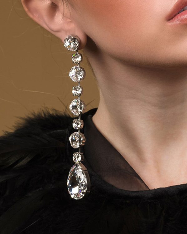 Astor Clear Crystal Teardrop Chandelier Earrings Rhodium Metal, 15cm Long