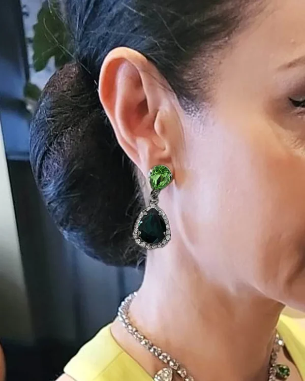Milan Green Crystal Teardrop Earring, Rhodium Metal 4cm long - Image 6