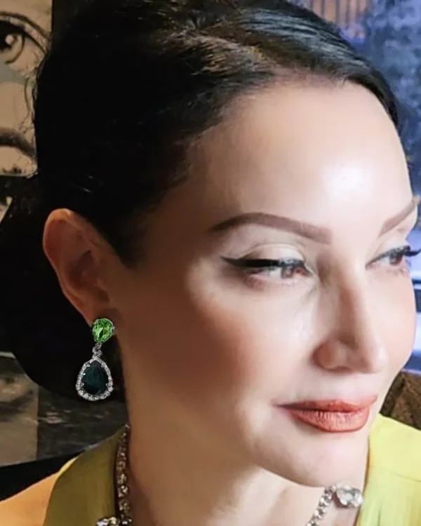 Milan Green Crystal Teardrop Earring, Rhodium Metal 4cm long - Image 2