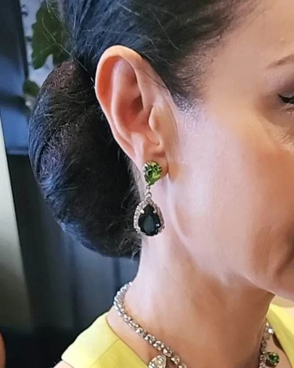 Milan Green Crystal Teardrop Earring, Rhodium Metal 4cm long - Image 7