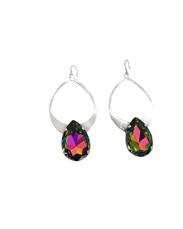 Vogue Iris Multi-Colour Teardrop Crystal and Rhodium Metal Teardrop Earrings, 7cm long