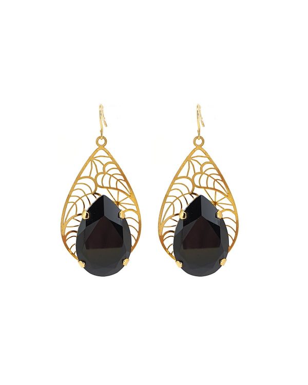 Cleo Sable Black Crystal Teardrop Earrings, Gold Metal 5cm Earrings