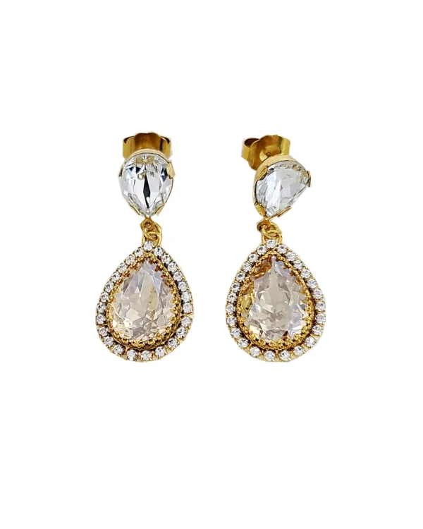 Milan Clear Gold Crystal Teardrop Bridal Earrings, 4cm Long, Gold Metal