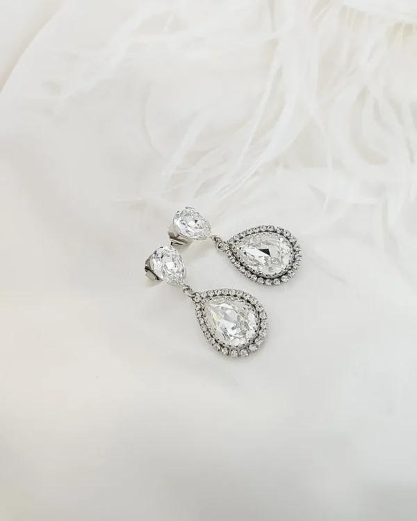 Milan Clear Crystal Teardrop Earring, Rhodium Metal 4cm long - Image 2
