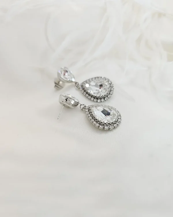 Milan Clear Crystal Teardrop Earring, Rhodium Metal 4cm long - Image 4