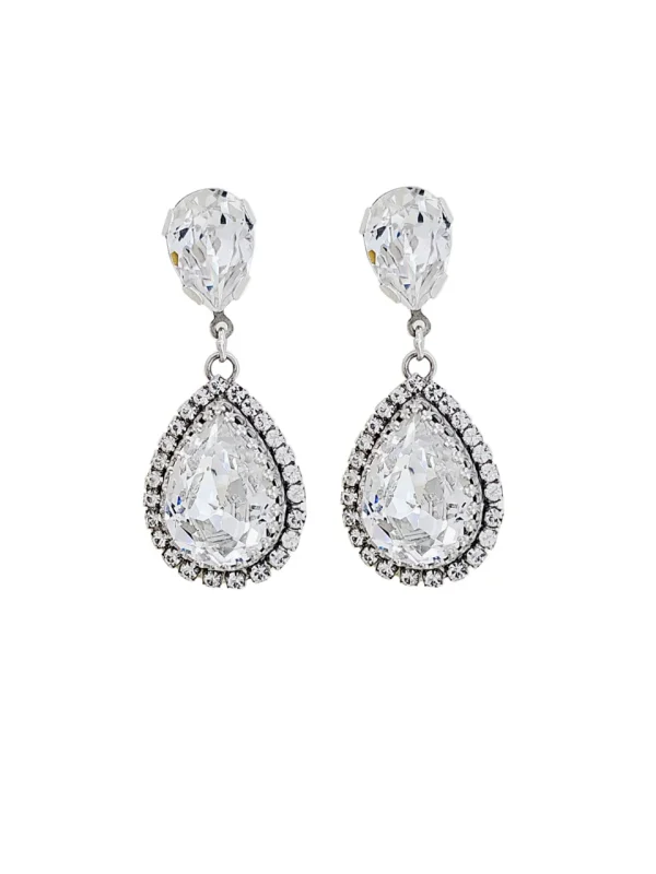 Milan Clear Crystal Teardrop Earring, Rhodium Metal 4cm long