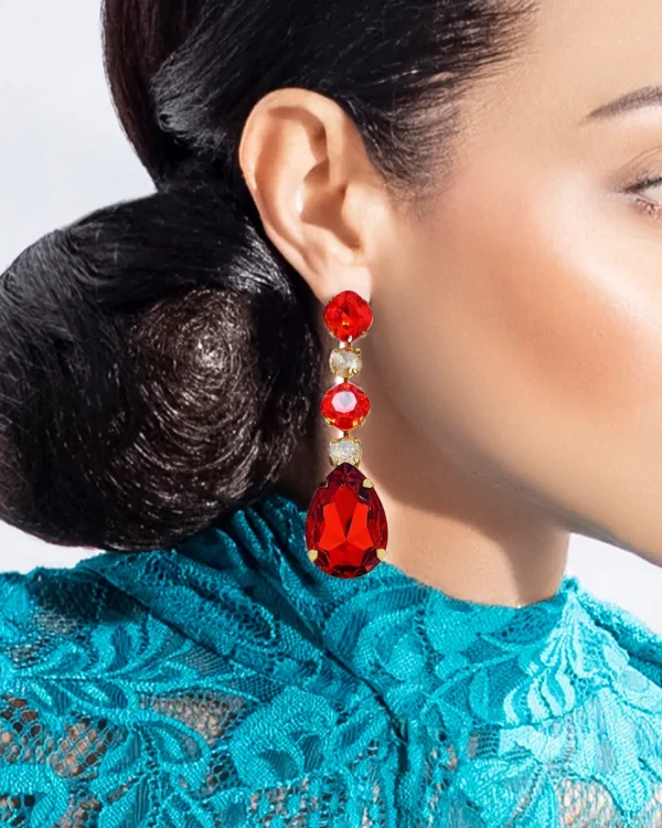 Astor Orange Crystal Teardrop Chandelier Earrings Gold Metal, 8cm Long - Image 2