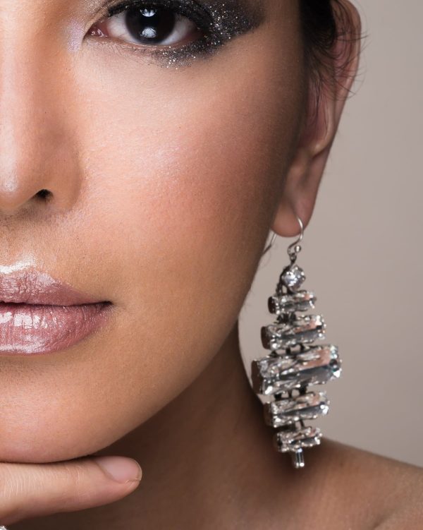 Martini Swings Blue Clear Crystal Baguette Earring, Rhodium Metal 6cm long, Diamond Shape - Image 2