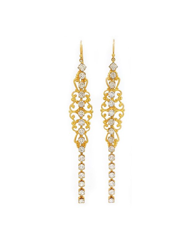 Nightfall Clear Crystal Filigree Long Earrings Hooks, Gold Metal 12cm long