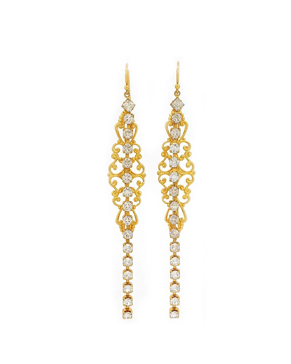Nightfall Clear Crystal Filigree Long Earrings Hooks, Gold Metal 12cm long