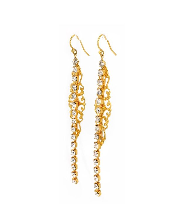 Nightfall Clear Crystal Filigree Long Earrings Hooks, Gold Metal 12cm long - Image 3