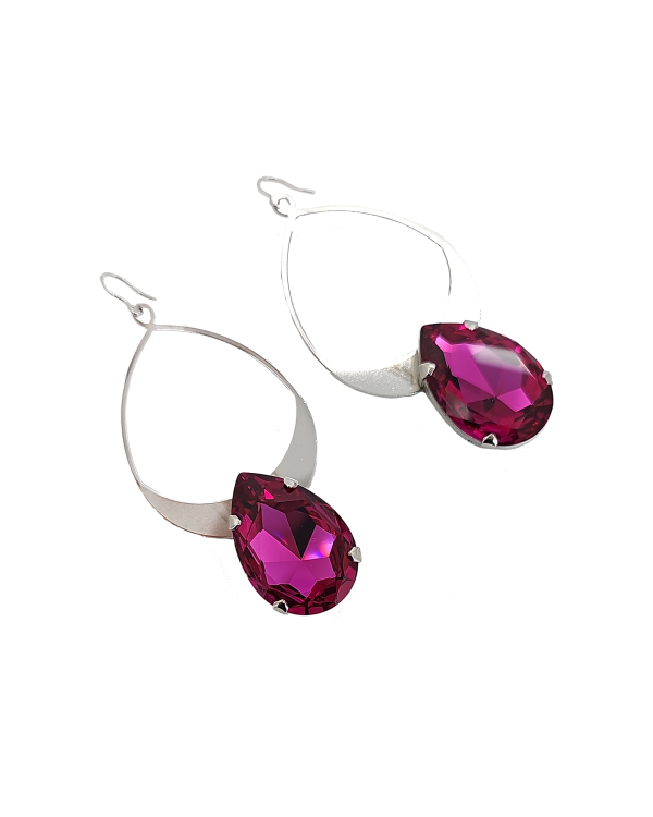 Vogue Pink Teardrop Crystal and Rhodium Metal Teardrop Earrings, 7cm long